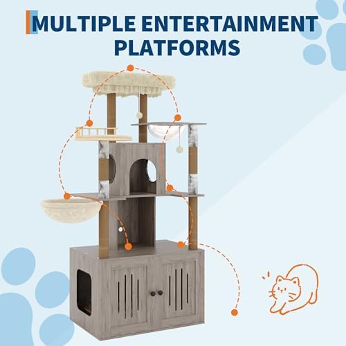 Cat Tree with Litter Box Enclosure, Large Plush Top Perch, Sisal Scratching - Image 6