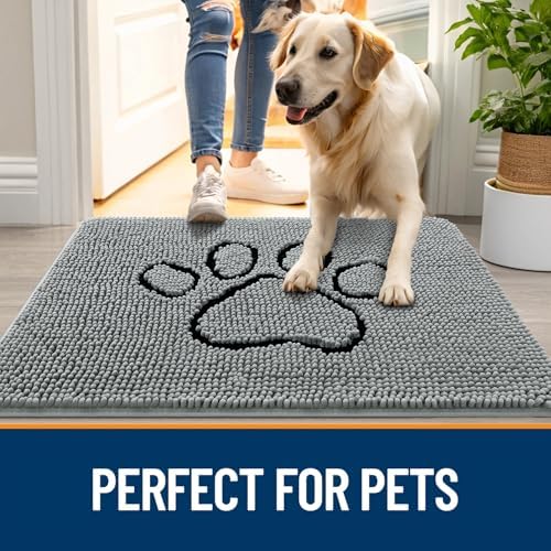 OLANLY Dog Door Mat for Muddy Paws 47x24, Paw Print Design Chenille Mud Mat - Image 6