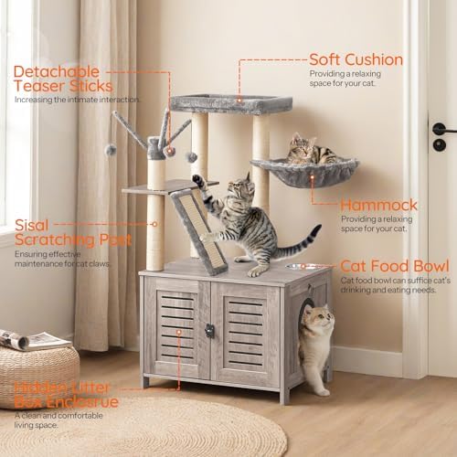 HOOBRO Cat Tree with Litter Box Enclosure, Cat Hammock, Hidden Litter Box - Image 7