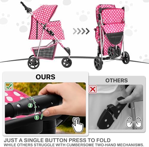 MoNiBloom Pet Stroller for Small/Medium Dogs and Cats, Hot Pink Polka Dots - Image 7