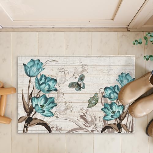 Giwawa Teal Floral Bath Rug Butterfly Flower Bath Carpet Soft Bathroom Plush - Image 7