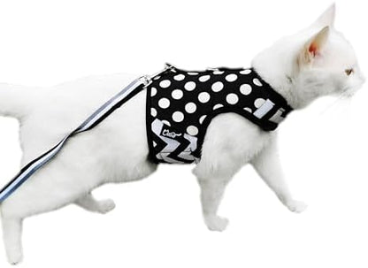 Cat Harness and Leash Set Escape Proof, Polka Dot Black by YizhiMiaow
