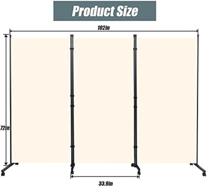 Room Divider 102'' Wide Folding Privacy Screen, 3 Panel Wall Divider w/Wheel - Image 5