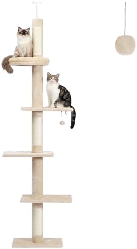 PETEPELA 5-Tier Floor to Ceiling Cat Tree, 95-107In Tall Cat Tower Beige by PETEPELA