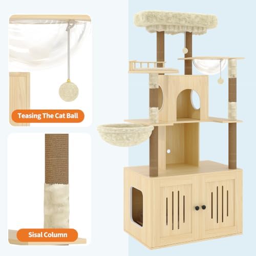 Cat Tree with Litter Box Enclosure, Large Plush Top Perch, Sisal Scratching - Image 5