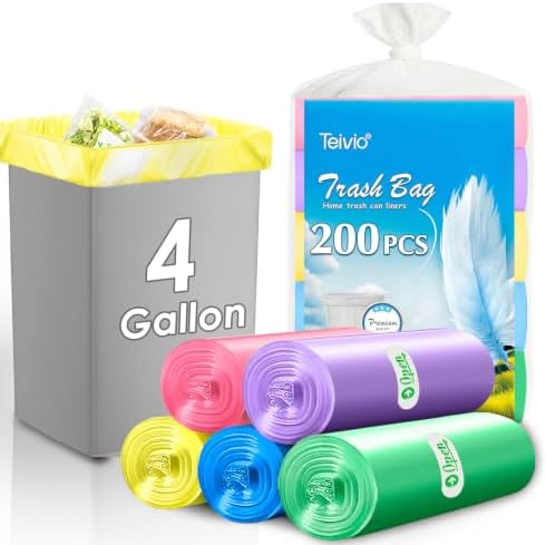 Teivio Small Colorful Clear Trash Bags 4 Gallon 200 Count Garbage Bags by Teivio