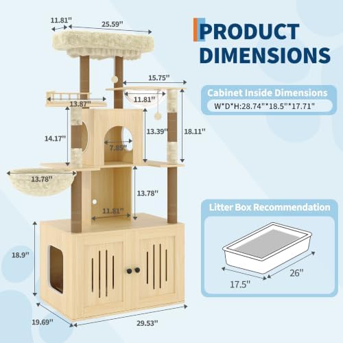Cat Tree with Litter Box Enclosure, Large Plush Top Perch, Sisal Scratching - Image 2