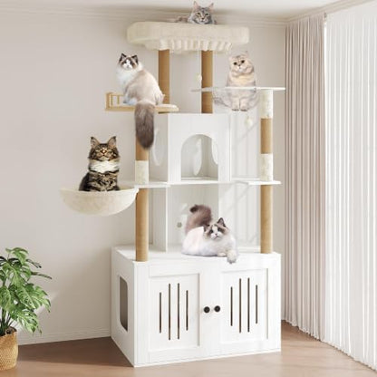 Cat Tree with Litter Box Enclosure, Large Plush Top Perch, Sisal Scratching by Garvee