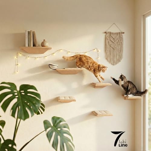 Wall Mounted Cat Shelves with Elevated Ceramic Feeding Station–Scandinavian - Image 5