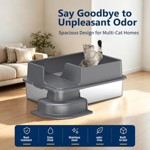 Stainless Steel Cat Litter Box – 2-Pack Extra Large Open Tray, Deep Gray - Image 7