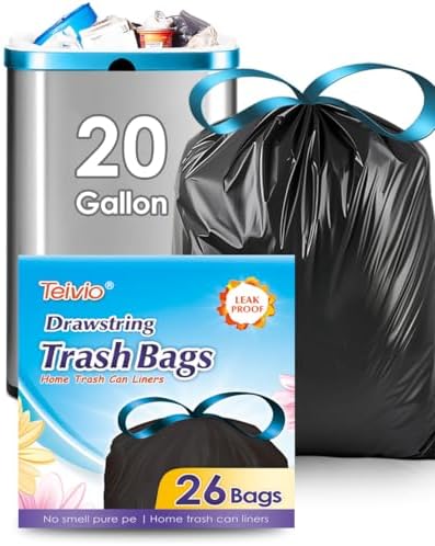 Teivio 20 Gallon 26 Counts Large Drawstring Trash Bags Strong Tall Kitchen by Teivio