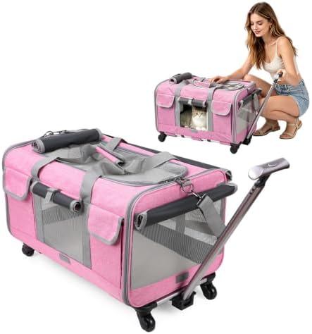 PETCUTE Cat Dog Carrier with Wheels, Airline Approved Rolling Pet Carrier with by PETCUTE