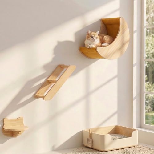 Cat Wall Shelves Set, Solid Wood Moon Bed, Perch & Stair by HAPYKITYS