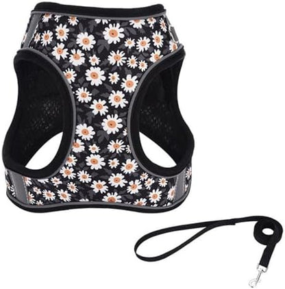 Small Dog Harness Black Daisy Flowers No Pull Reflective Harness - Image 2