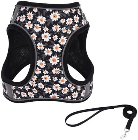 Small Dog Harness Black Daisy Flowers No Pull Reflective Harness - Image 3