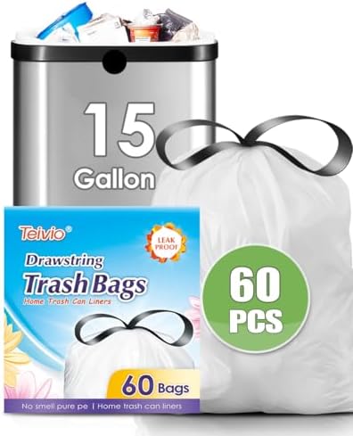 Teivio 15 Gallon 60 Counts Strong Tall Kitchen Drawstring Trash Bags, Medium by Teivio