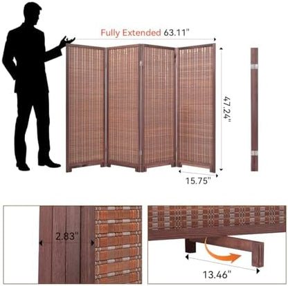 Bamboo Room Divider 4 Panel 47" H, 360°Rotating Feet Privacy Screen - Image 2