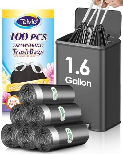 1.6 Gallon 100 Counts Small Drawstring Trash Bags by Teivio, 1.5 Gallon by Teivio