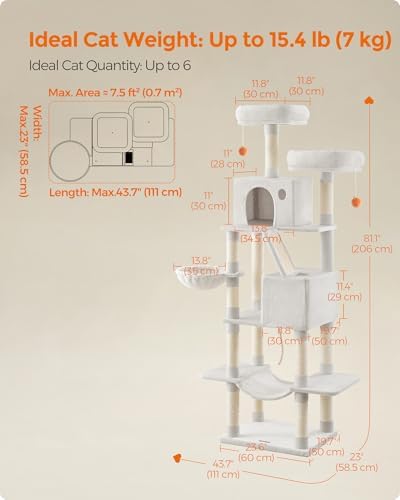 Feandrea Cat Tree, 81.1-in Large Cat Tower, Cream White - Image 6