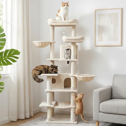 Beige 68 Inches Multi-Level Large and Tall Cat Tree Tower by KWOJU