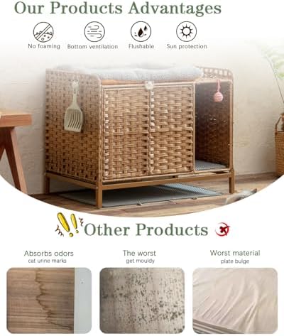 SETVSON Litter Box Enclosure Furniture, Divider & Mat, PE Rattan - Image 3