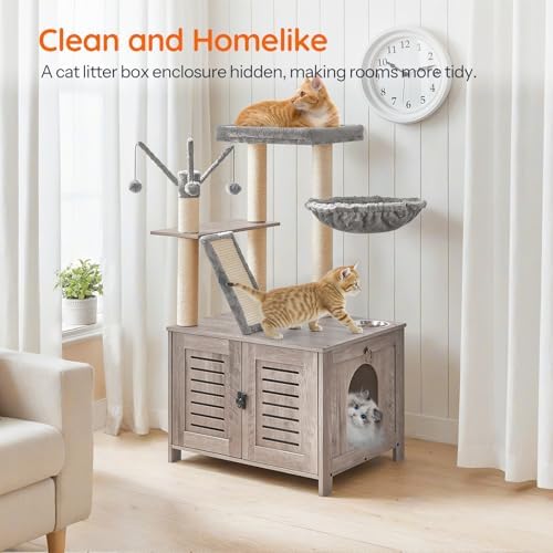 HOOBRO Cat Tree with Litter Box Enclosure, Cat Hammock, Hidden Litter Box - Image 3