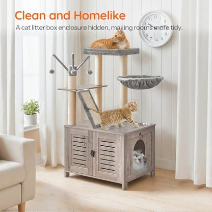 HOOBRO Cat Tree with Litter Box Enclosure, Cat Hammock, Hidden Litter Box - Image 3