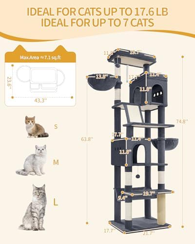 Hzuaneri Tall Cat Tree 75 Inch, Indoor Large Multi-Level Cat Tower - Image 3