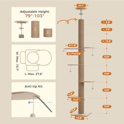 PETEPELA Floor to Ceiling Cat Tree, 79-103'' Adjustable Wood Tower - Image 2