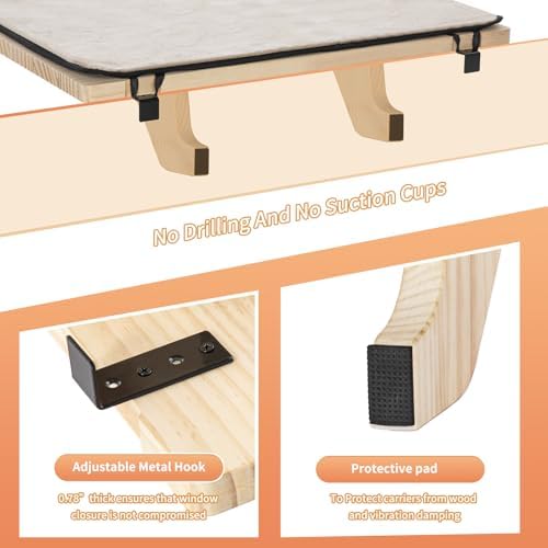 PETSFIT Cat Window Perch, Solid Wood, Fleece Mat, Windowsill Bedside Drawer - Image 6