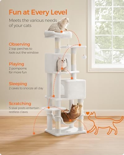 Feandrea Cat Tree, 59.5-Inch Tall Cat Tower, Cream White - Image 4