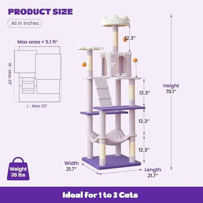 MWPO Flower Large Cat Tree, 70.1-Inch Multi-Level Tall Cat Tower - Image 6