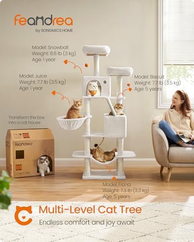 Feandrea Cat Tree, 66.1-in Large Cat Tower, Cream White - Image 2