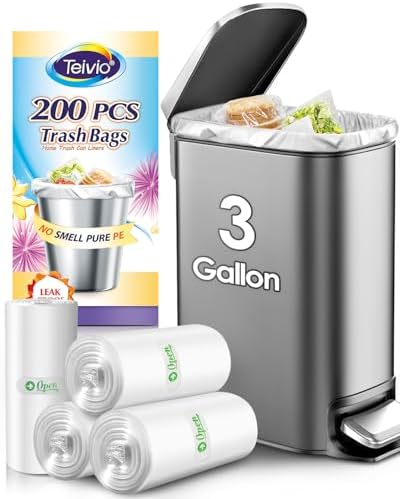 Teivio Small Clear Trash Bags 3 Gallon 200 Count Unscented Garbage Bags by Teivio
