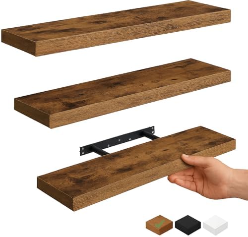 Vervida® Rustic Brown Floating Wall Shelves 24in Set of 3 Holds 38lbs by Vervida