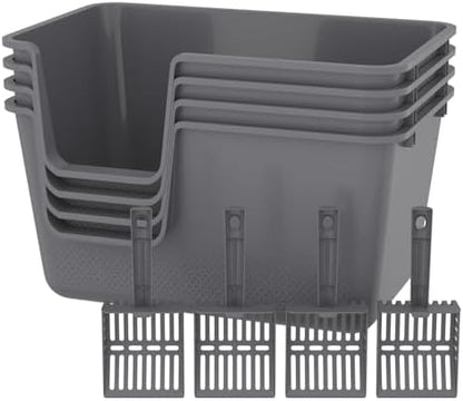 4-Pack Cat Litter Box with High Sides and Scoop, Plastic Open Top Cat Litter Box by Tstorage