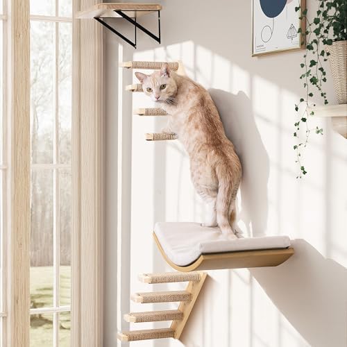 4-PCS Cat Wall Shelves with Curved Bed, Flat Shelf and 2 Four-Step Ladders by PELUOMOZ