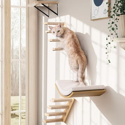 4-PCS Cat Wall Shelves with Curved Bed, Flat Shelf and 2 Four-Step Ladders by PELUOMOZ