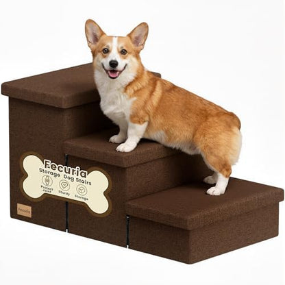 3-Step Wide Dog Stairs with Storage 18" H, Non-Slip Sturdy Pet Steps by Fecuria