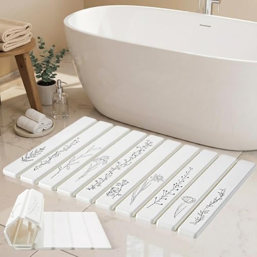 Extra Large Black Floral Diatomaceous Earth Quick Dry Stone Bath Mat 32x20 by INFISIBLE
