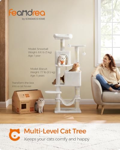 Feandrea Cat Tree, 59.5-Inch Tall Cat Tower, Cream White - Image 2