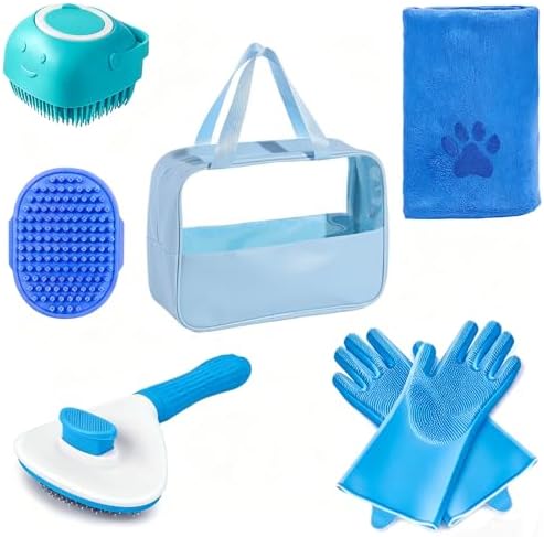 6PCS Blue Dog Bath Kit with Brush, Towel & Bag by Kemodia