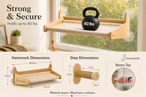 Cat Window Perch for Indoor Cats – 2-in-1 Solid Wood Cat Hammock Window Seat & - Image 3