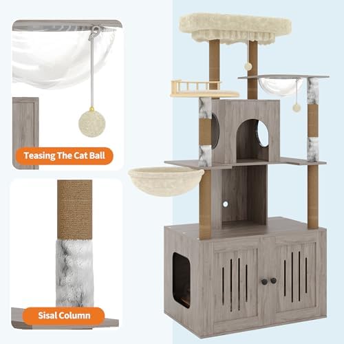 Cat Tree with Litter Box Enclosure, Large Plush Top Perch, Sisal Scratching - Image 5