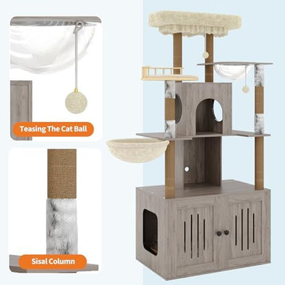 Cat Tree with Litter Box Enclosure, Large Plush Top Perch, Sisal Scratching - Image 5