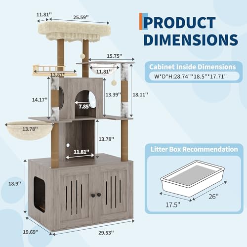 Cat Tree with Litter Box Enclosure, Large Plush Top Perch, Sisal Scratching - Image 2