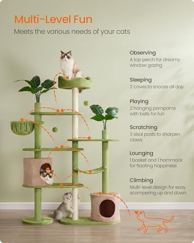 Feandrea Cat Tree, 68.1-Inch Multi-Level Plush Cat Tower, Artificial Leaves - Image 4