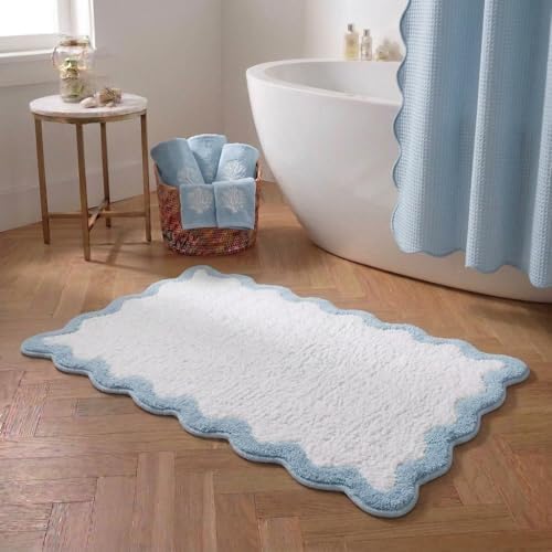 Coastal Decor Cute Blue Scalloped Bathroom Mat, Fun Plush Luxury Microfiber by Casasphere