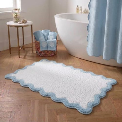 Coastal Decor Cute Blue Scalloped Bathroom Mat, Fun Plush Luxury Microfiber by Casasphere
