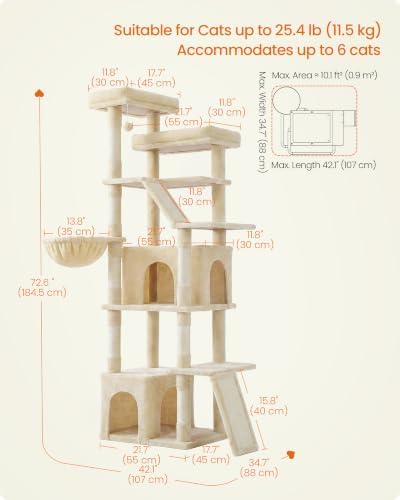 Feandrea Large Cat Tree, 72.6" Tall Sturdy Cat Tower - Image 6